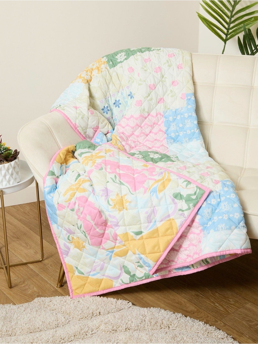 Disney Princess Floral Quilted Blanket - Pink, Blue & Yellow